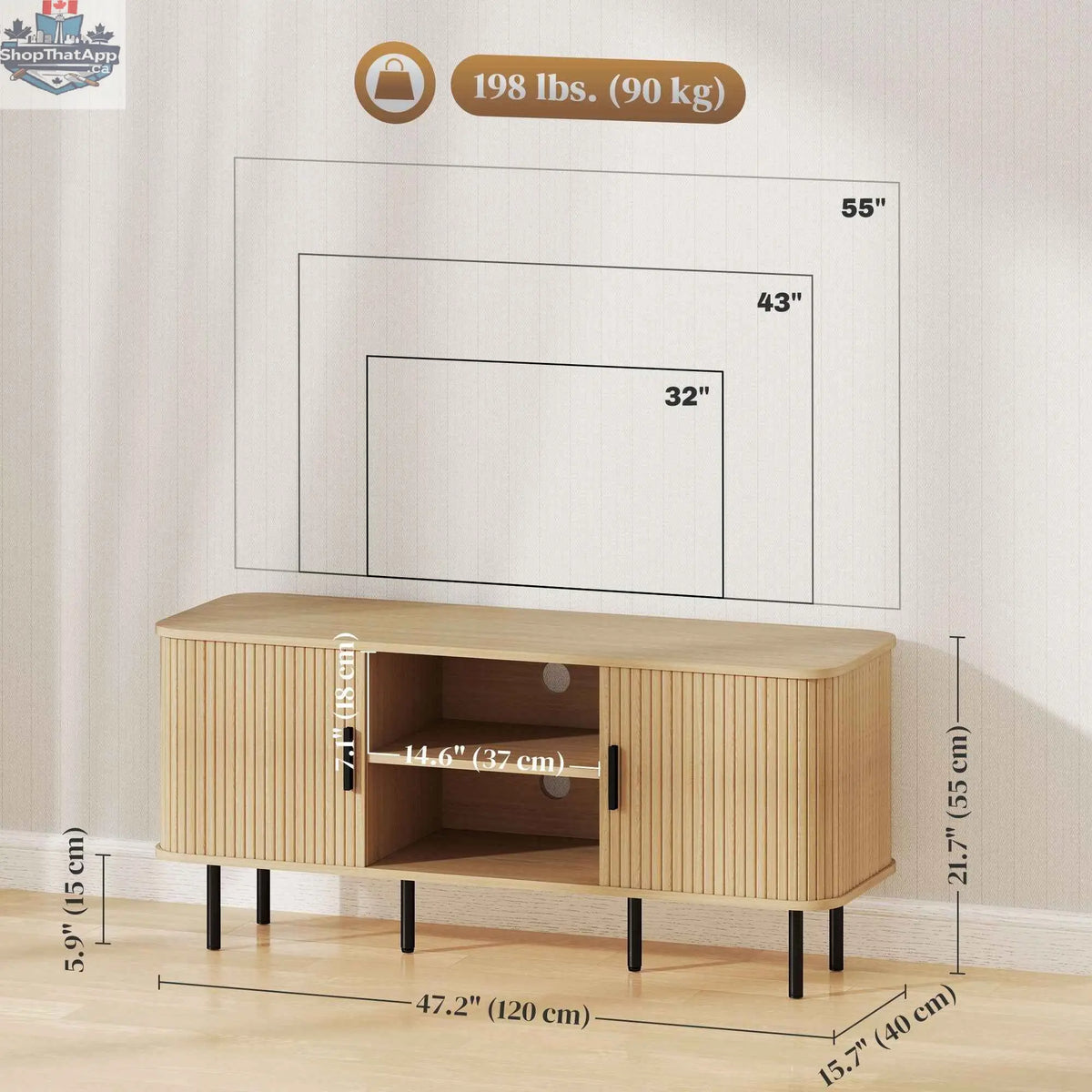 SLOTH Nation Darcy TV stand with storage shelves and cabinets in oak tone, suitable for TVs up to 55 inches, modern living room furniture
