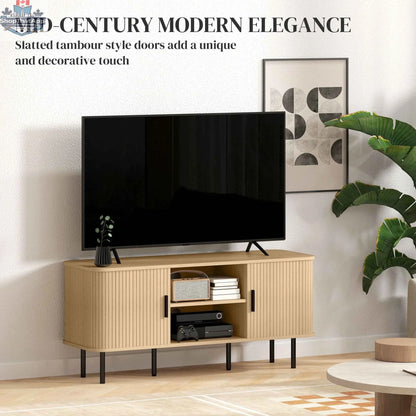 SLOTH Nation Darcy oak-tone TV stand with storage shelves and cabinets for TVs up to 55 inches in a modern living room setting