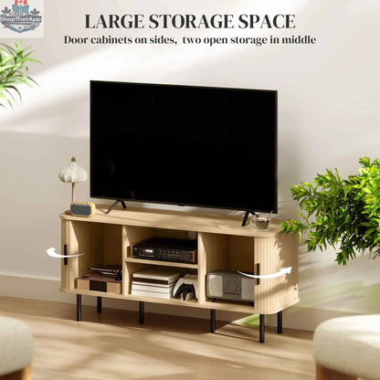 SLOTH Nation Darcy oak-tone TV stand with storage shelves and cabinets for TVs up to 55 inches, ideal for living room furniture.