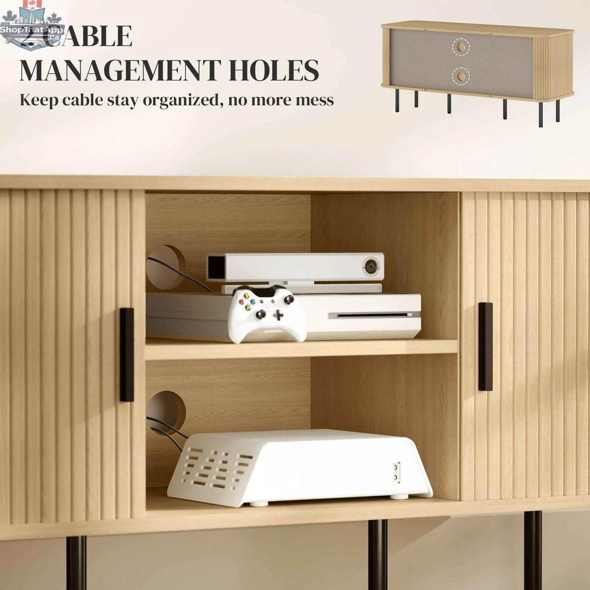 SLOTH Nation Darcy oak-tone TV stand with storage shelves and cabinets for TVs up to 55 inches, ideal for modern living room furniture.