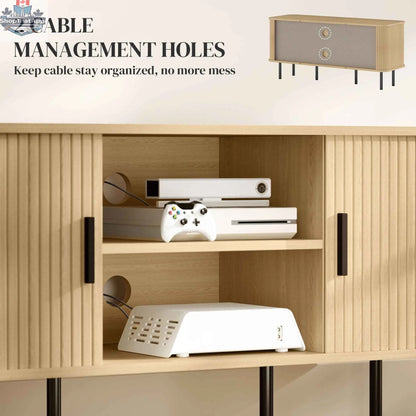SLOTH Nation Darcy oak-tone TV stand with storage shelves and cabinets for TVs up to 55 inches, ideal for modern living room furniture.