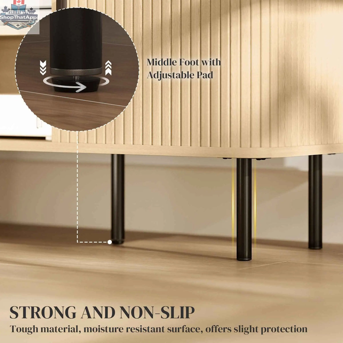 SLOTH Nation Darcy oak-tone TV stand with storage shelves and cabinets for 55-inch TVs, modern living room furniture.