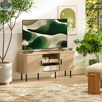 SLOTH Nation Darcy TV stand with storage shelves and cabinets in oak tone, suitable for TVs up to 55 inches, modern living room furniture