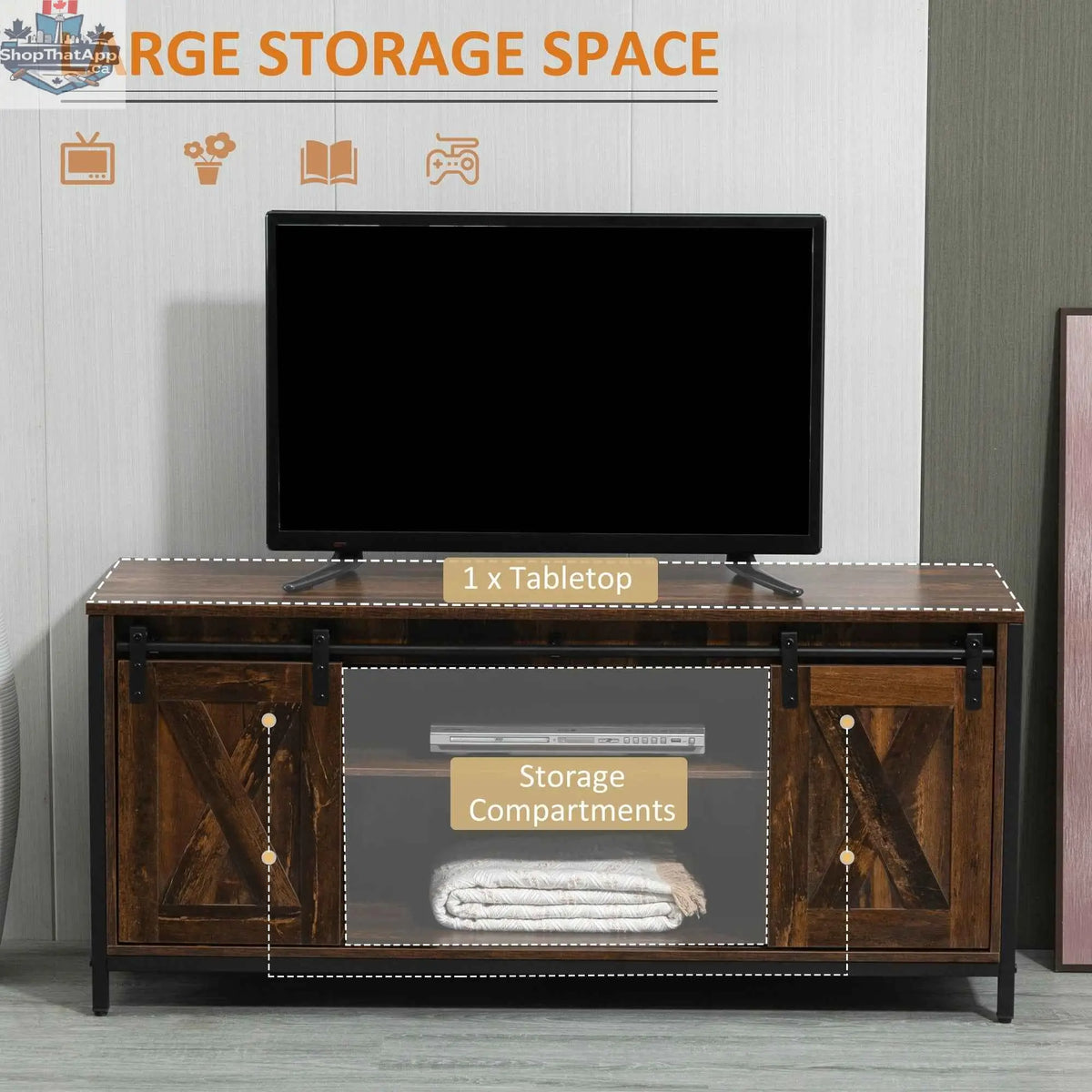 SLOTH Nation Easton industrial TV stand for up to 60-inch TVs, featuring a sturdy design and ample storage for living room setup.