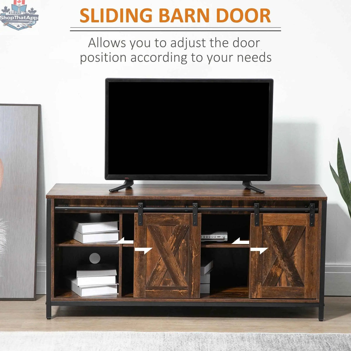 SLOTH Nation Easton industrial TV stand for 60-inch TVs, featuring a sturdy wood and metal design for modern living room decor