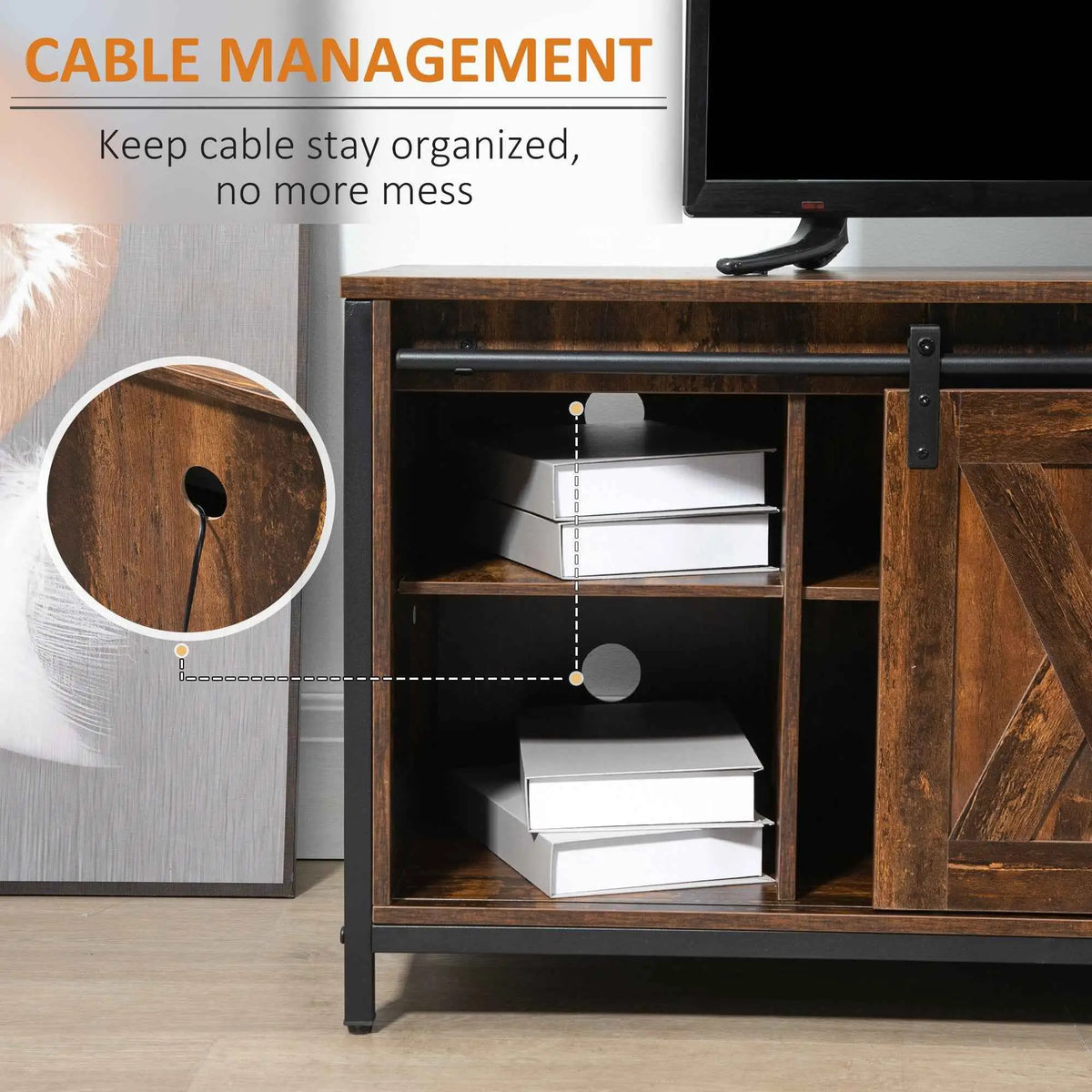 Easton industrial TV stand by SLOTH Nation, designed for up to 60-inch TVs, featuring a sturdy wood and metal frame for living room decor.