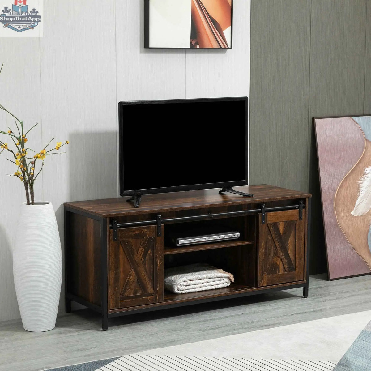Easton industrial TV stand by SLOTH Nation for TVs up to 60 inches, featuring a sturdy design and modern industrial style.