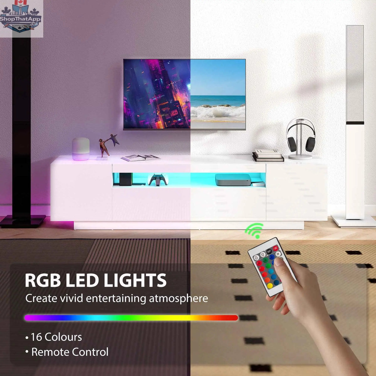Modern white TV stand by SLOTH Nation with RGB LED lights, designed for 65-85 inch TVs, featuring a sleek high gloss finish.