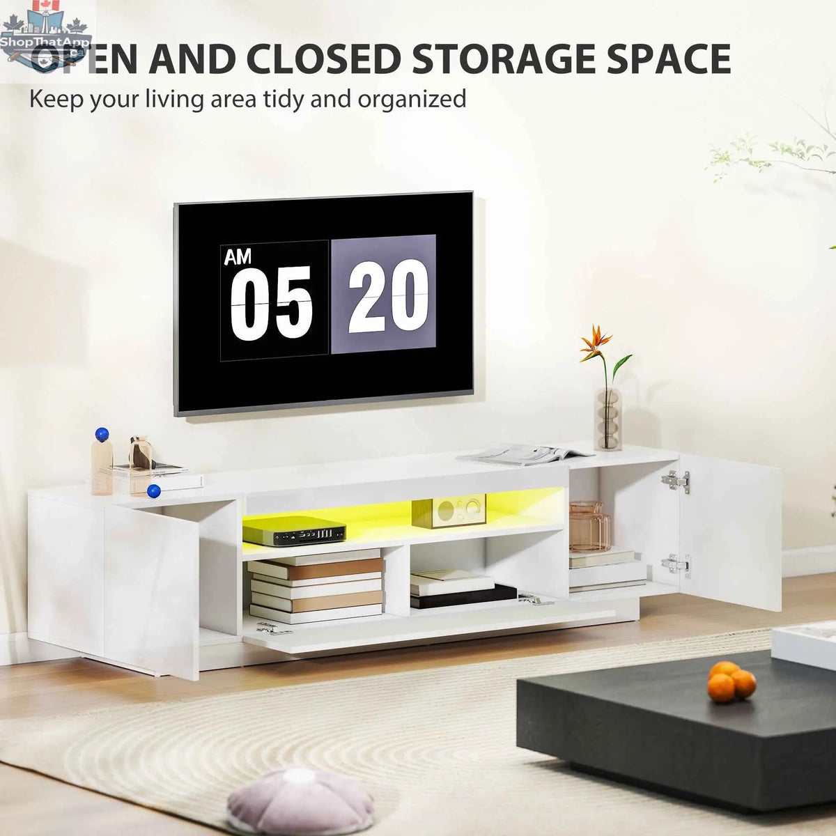 SLOTH Nation Greer modern TV stand with high gloss white finish and RGB LED lights for 65-85 inch TVs, stylish living room furniture.