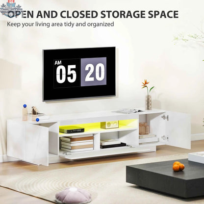 SLOTH Nation Greer modern TV stand with high gloss white finish and RGB LED lights for 65-85 inch TVs, stylish living room furniture.