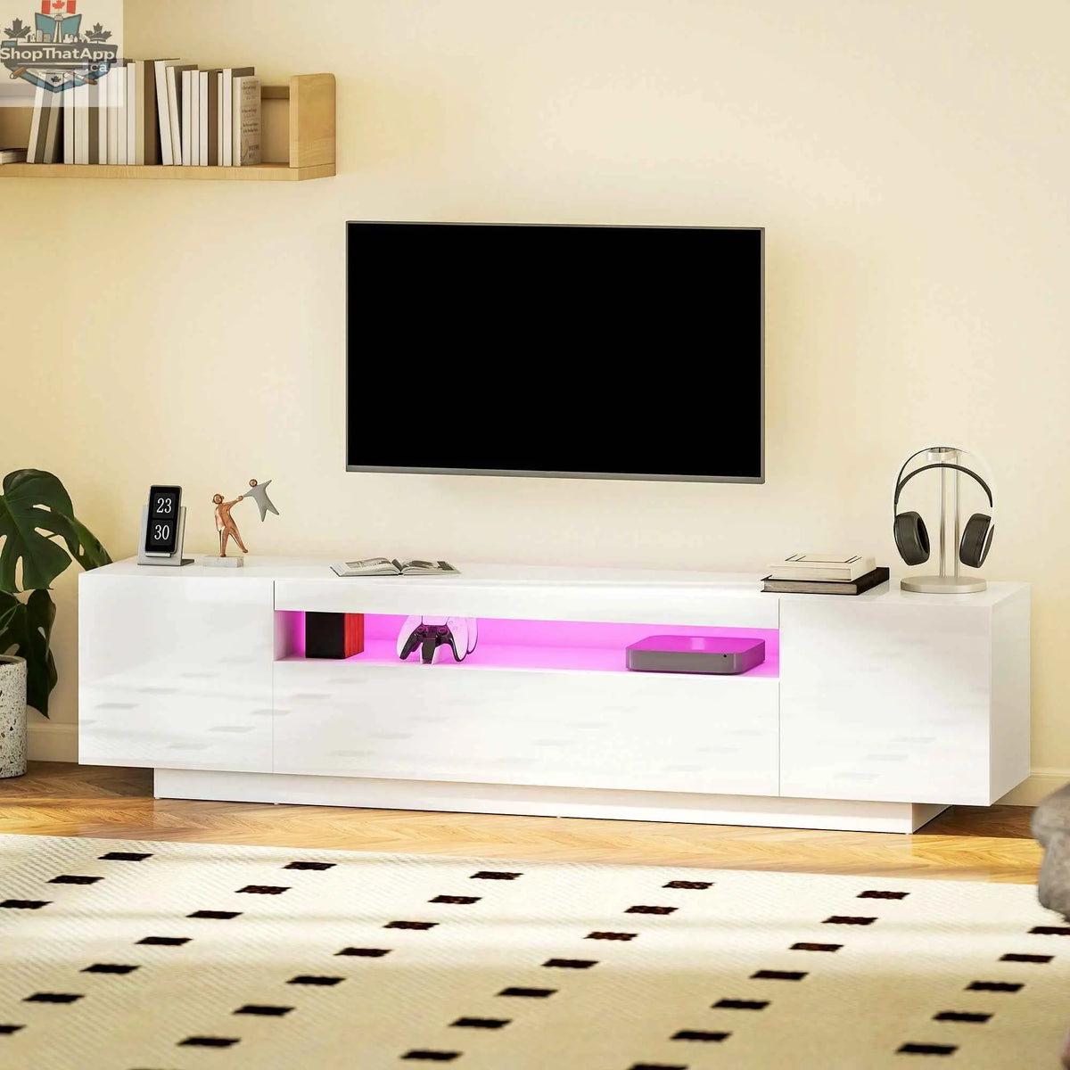 Modern SLOTH Nation Greer TV stand with high gloss white finish and RGB LED lighting for 65-85 inch TVs, stylish living room furniture.