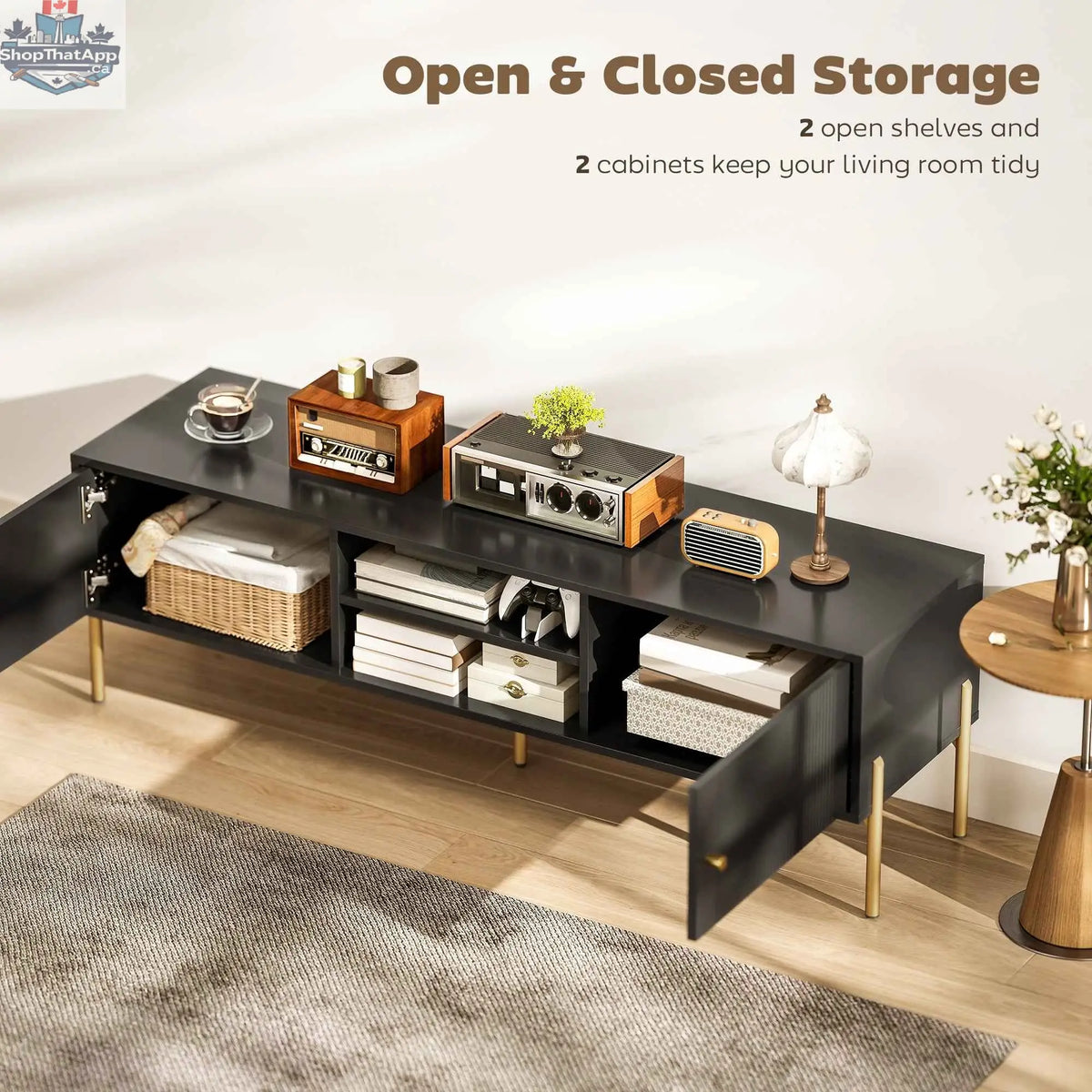 Black Harley TV stand by SLOTH Nation for TVs up to 65 inches, modern living room furniture with sleek storage compartments.