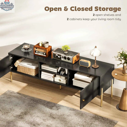 Black Harley TV stand by SLOTH Nation for TVs up to 65 inches, modern living room furniture with sleek storage compartments.