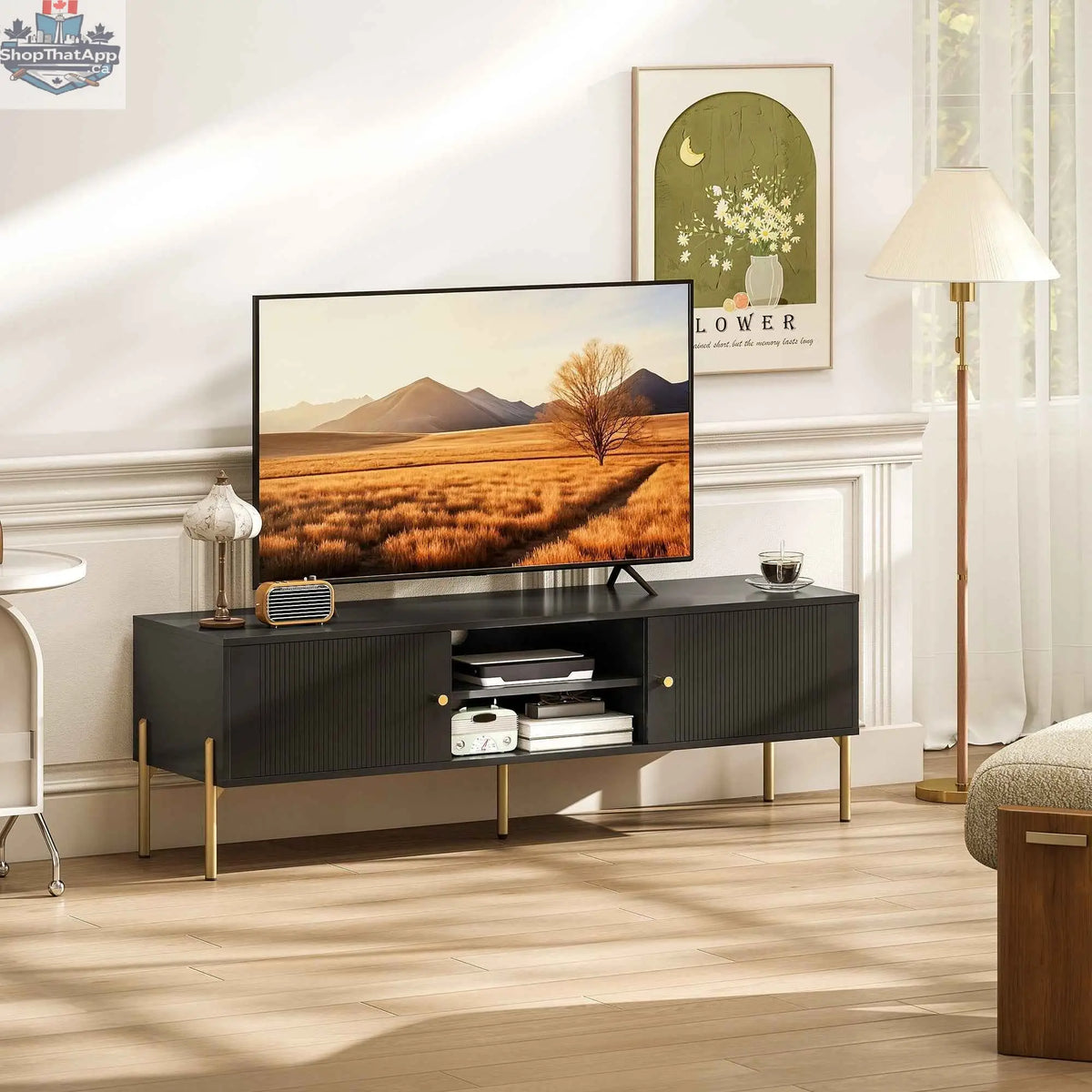 Black Harley TV stand by SLOTH Nation with open shelves and storage for TVs up to 65 inches in modern living room setting.