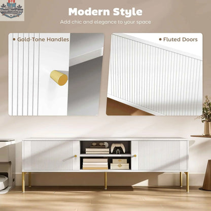 White 65-inch Harley TV stand by SLOTH Nation, designed for TVs up to 65 inches, featuring a sleek modern living room furniture style.