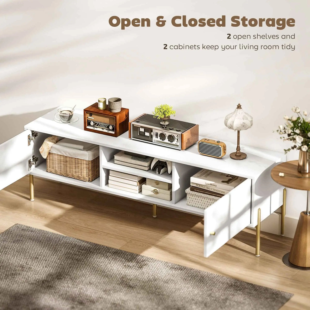 White 65-inch Harley TV stand by SLOTH Nation, designed for TVs up to 65 inches, with a modern living room furniture style