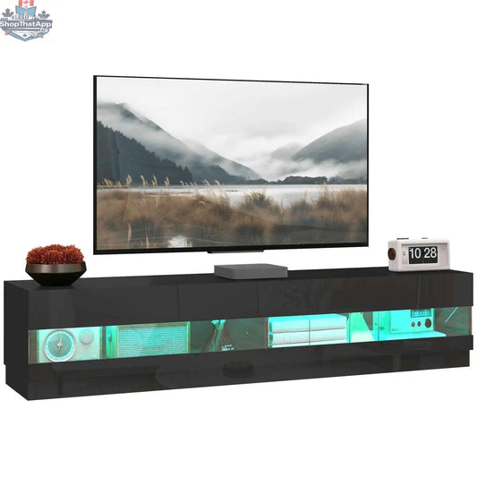 High gloss black Hart lighted TV stand by SLOTH Nation designed for TVs up to 75 inches, modern living room furniture with illuminated features.
