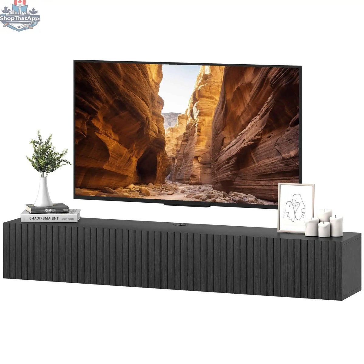 Black Jesse 55-inch floating TV stand with flip-down doors by SLOTH Nation, designed for TVs up to 72 inches, modern living room furniture.