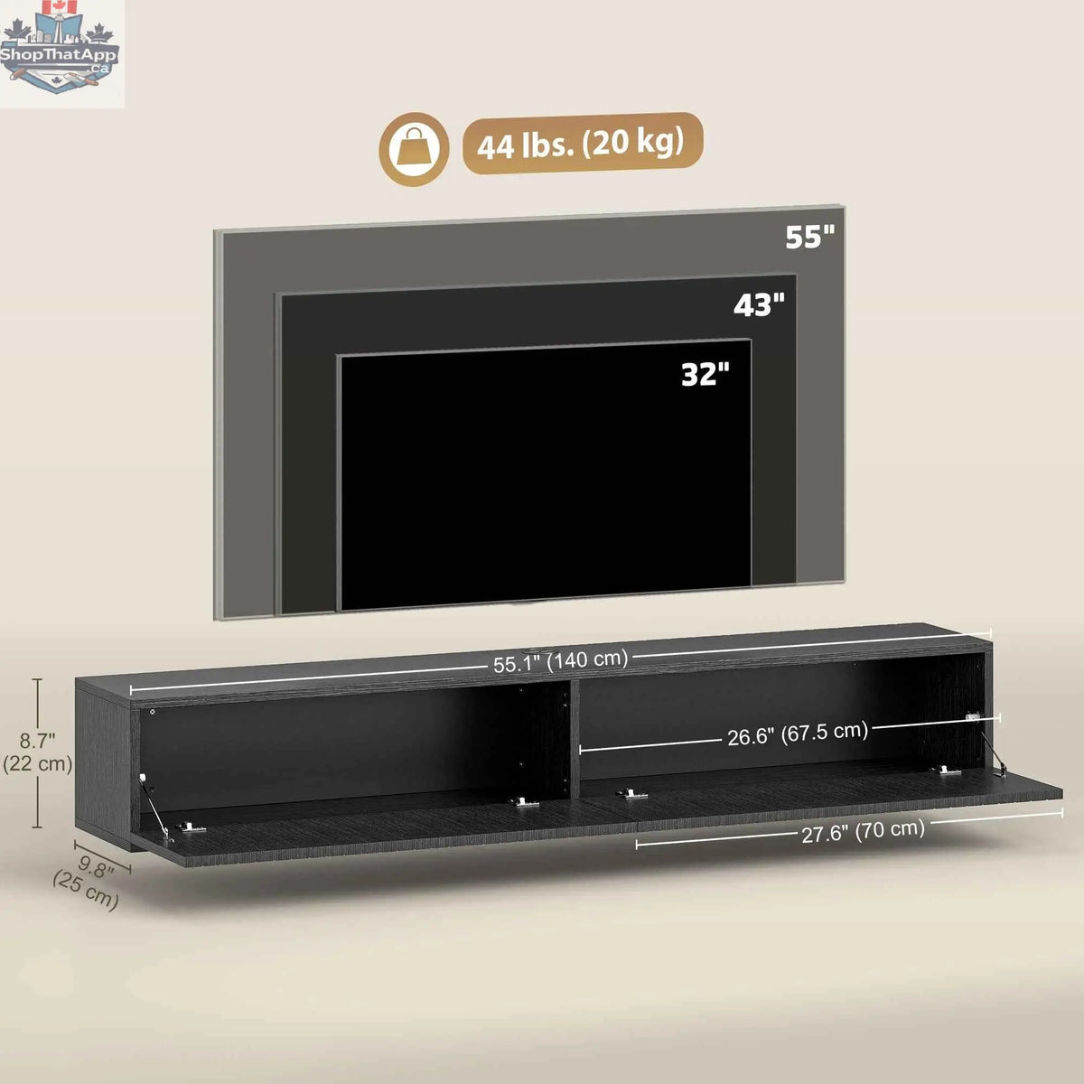 Black Jesse 55-inch floating TV stand with flip-down doors, designed for TVs up to 72 inches, by SLOTH Nation.