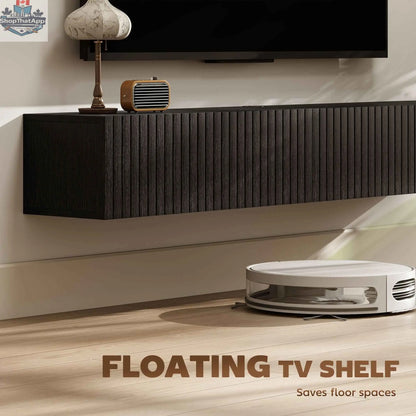 SLOTH Nation Jesse 55-inch black floating TV stand with flip-down doors, suitable for TVs up to 72 inches, in a modern living room setting.