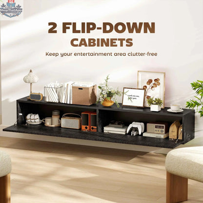 Black Jesse 55-inch floating TV stand with flip-down doors for TVs up to 72 inches, from SLOTH Nation, modern living room furniture.