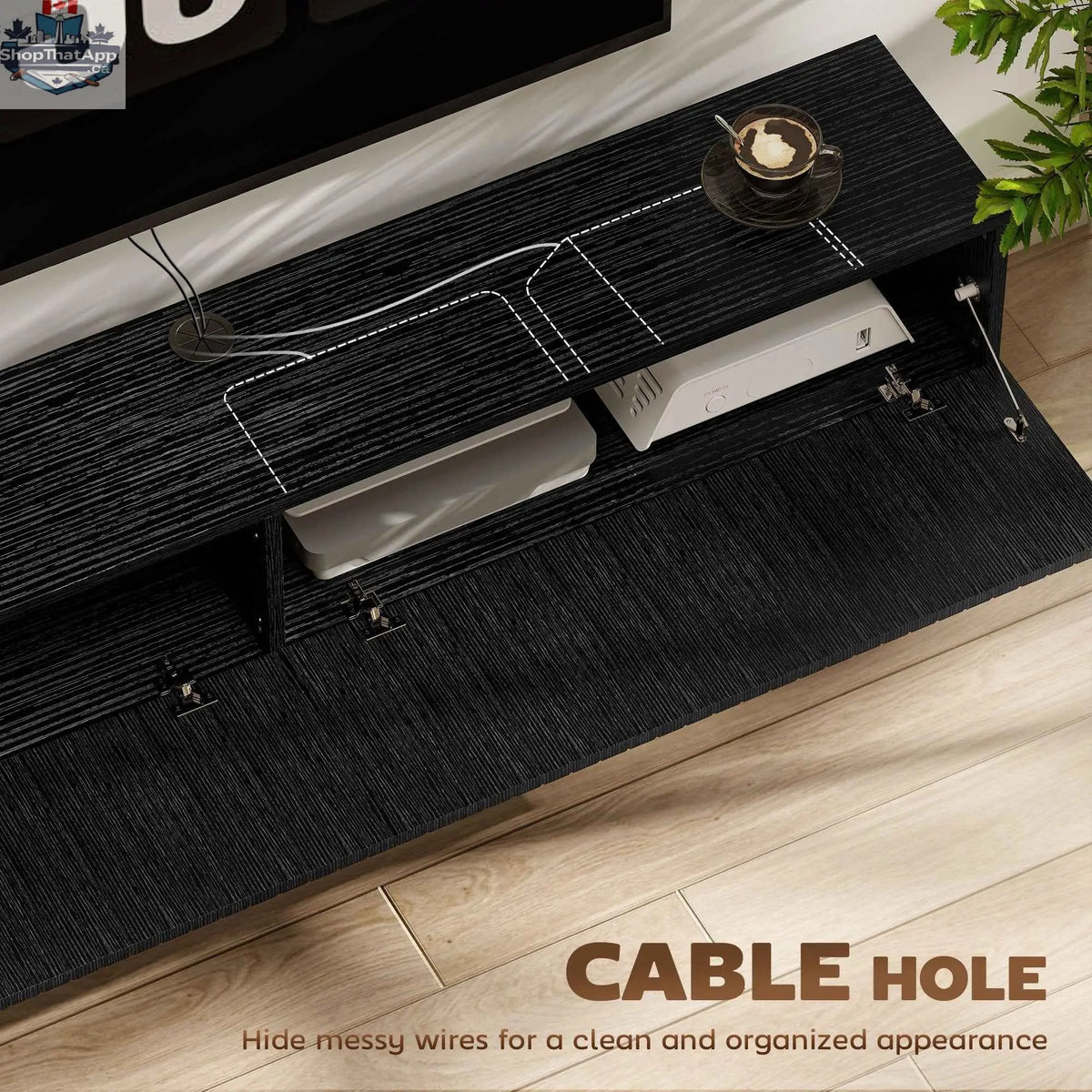 Black Jesse 55-inch floating TV stand with flip-down doors, designed for TVs up to 72 inches, by SLOTH Nation.