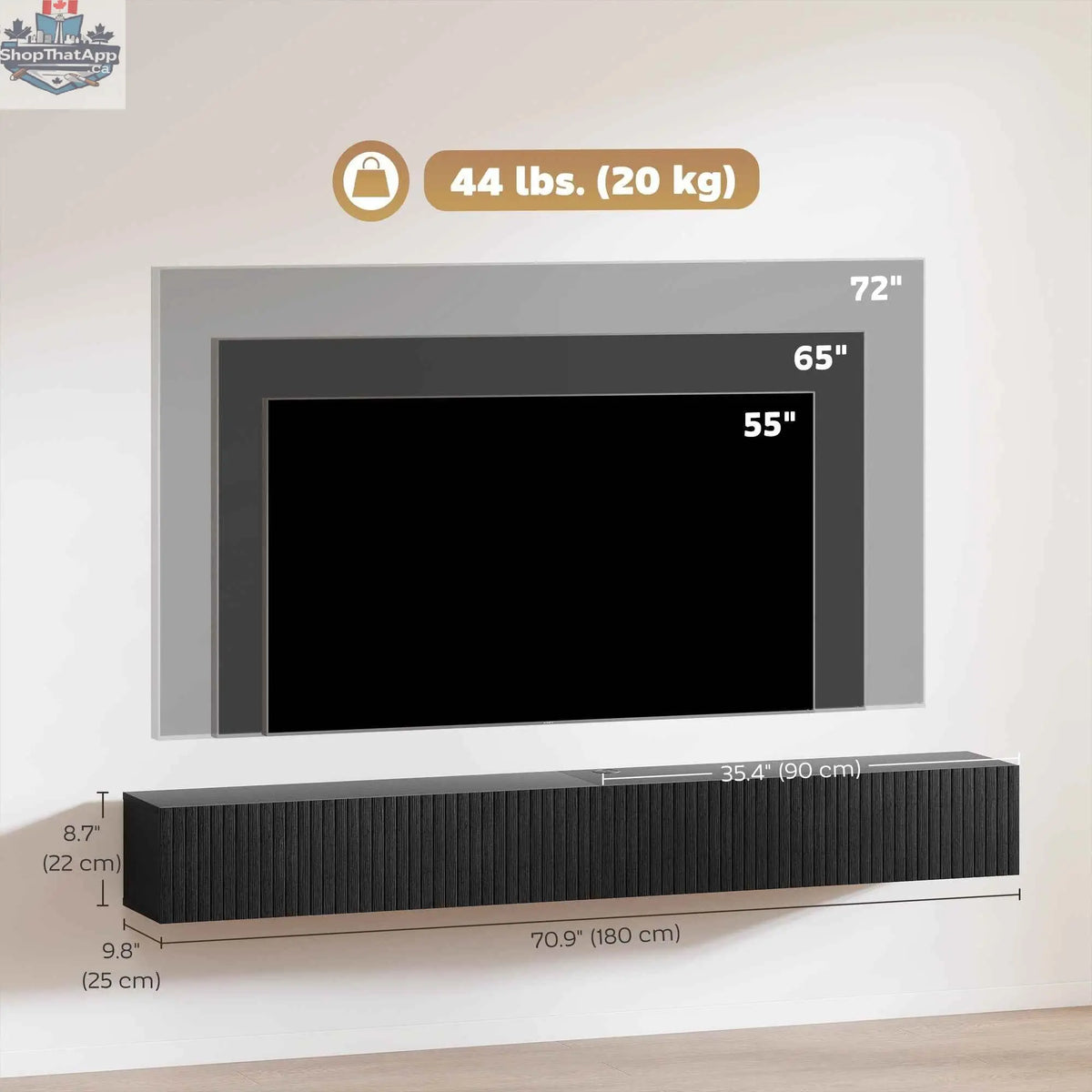 Black Jesse floating TV stand by SLOTH Nation with 71-inch length, two fluted flip-down doors, for TVs up to 75 inches.