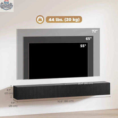 Black Jesse floating TV stand by SLOTH Nation with 71-inch length, two fluted flip-down doors, for TVs up to 75 inches.