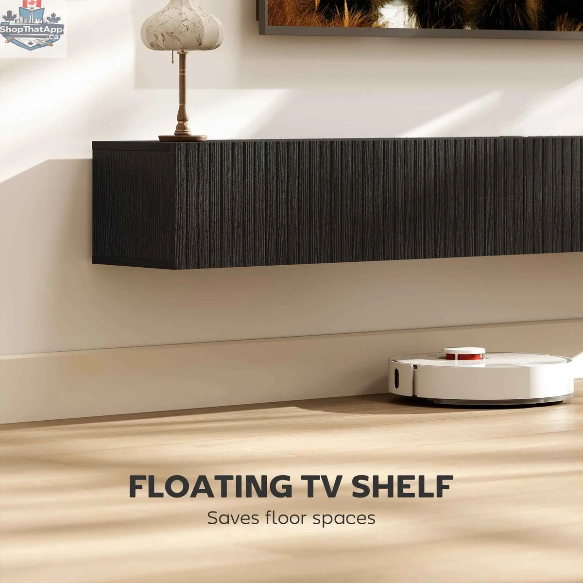 SLOTH Nation Jesse floating TV stand in black with 71-inch length, two fluted flip-down doors, suited for TVs up to 75 inches.