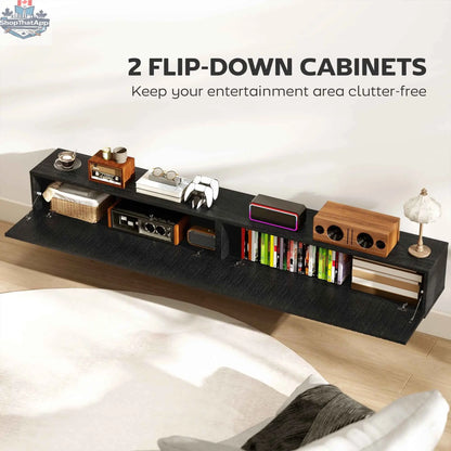 Black Jesse floating TV stand by SLOTH Nation with 71-inch width and two fluted flip-down doors, designed for TVs up to 75 inches.