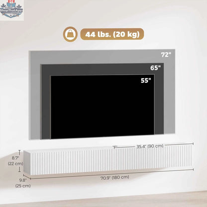 White Jesse floating TV stand with 2 fluted flip-down doors, designed for TVs up to 75 inches, by SLOTH Nation.