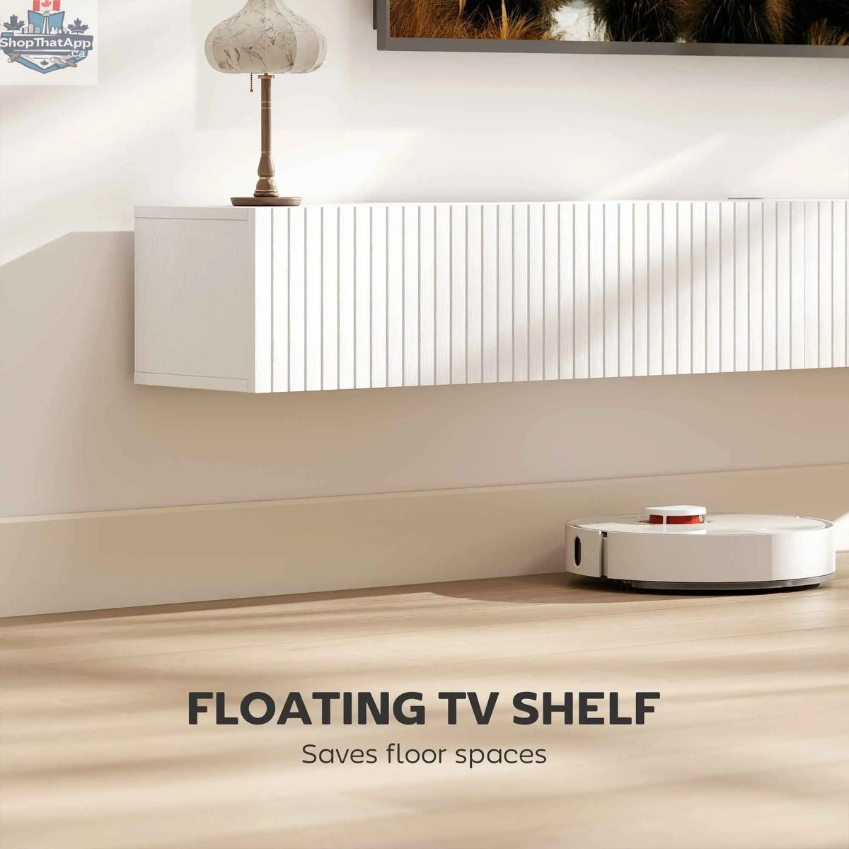 White Jesse floating TV stand with two fluted flip-down doors, designed for TVs up to 75 inches, by SLOTH Nation.