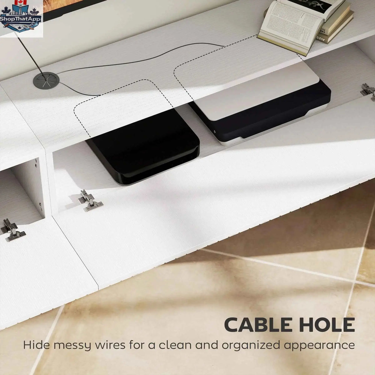White Jesse Floating TV Stand by SLOTH Nation with 2 fluted flip-down doors for TVs up to 75 inches, modern living room furniture.
