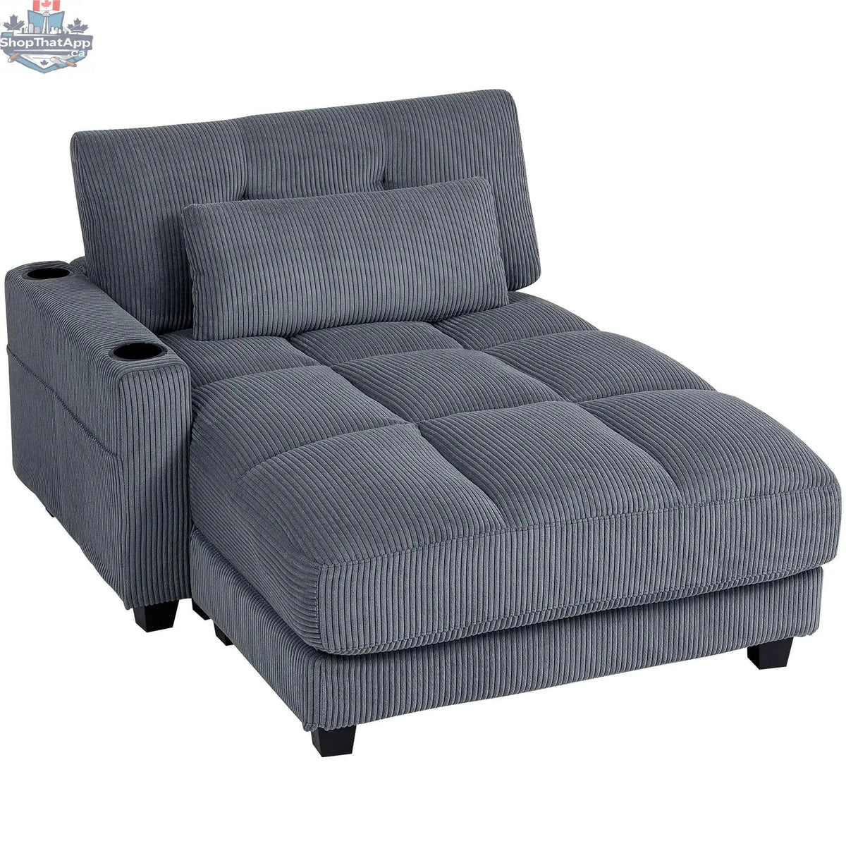 Dark grey Andi Corduroy Chaise Lounger with two cup holders, stylish SLOTH Nation accent chair for living room comfort.