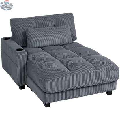 Dark grey Andi Corduroy Chaise Lounger with two cup holders, stylish SLOTH Nation accent chair for living room comfort.