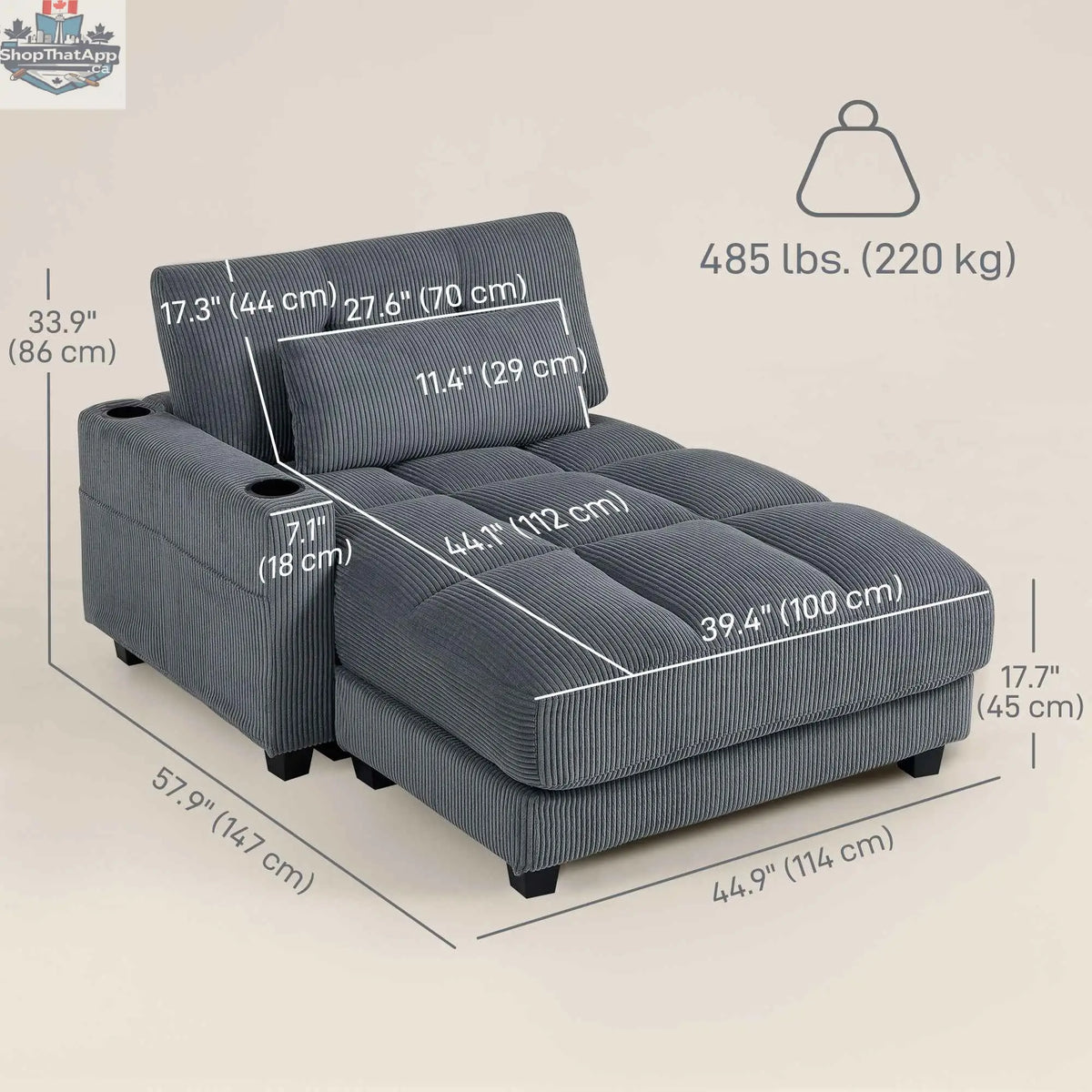 Dark grey Andi Corduroy Chaise Lounger by SLOTH Nation with two cup holders, stylish accent chair for modern living rooms.