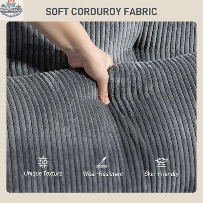 Dark grey Andi Corduroy Chaise Lounger by SLOTH Nation with two cup holders, plush accent chair for modern living spaces.