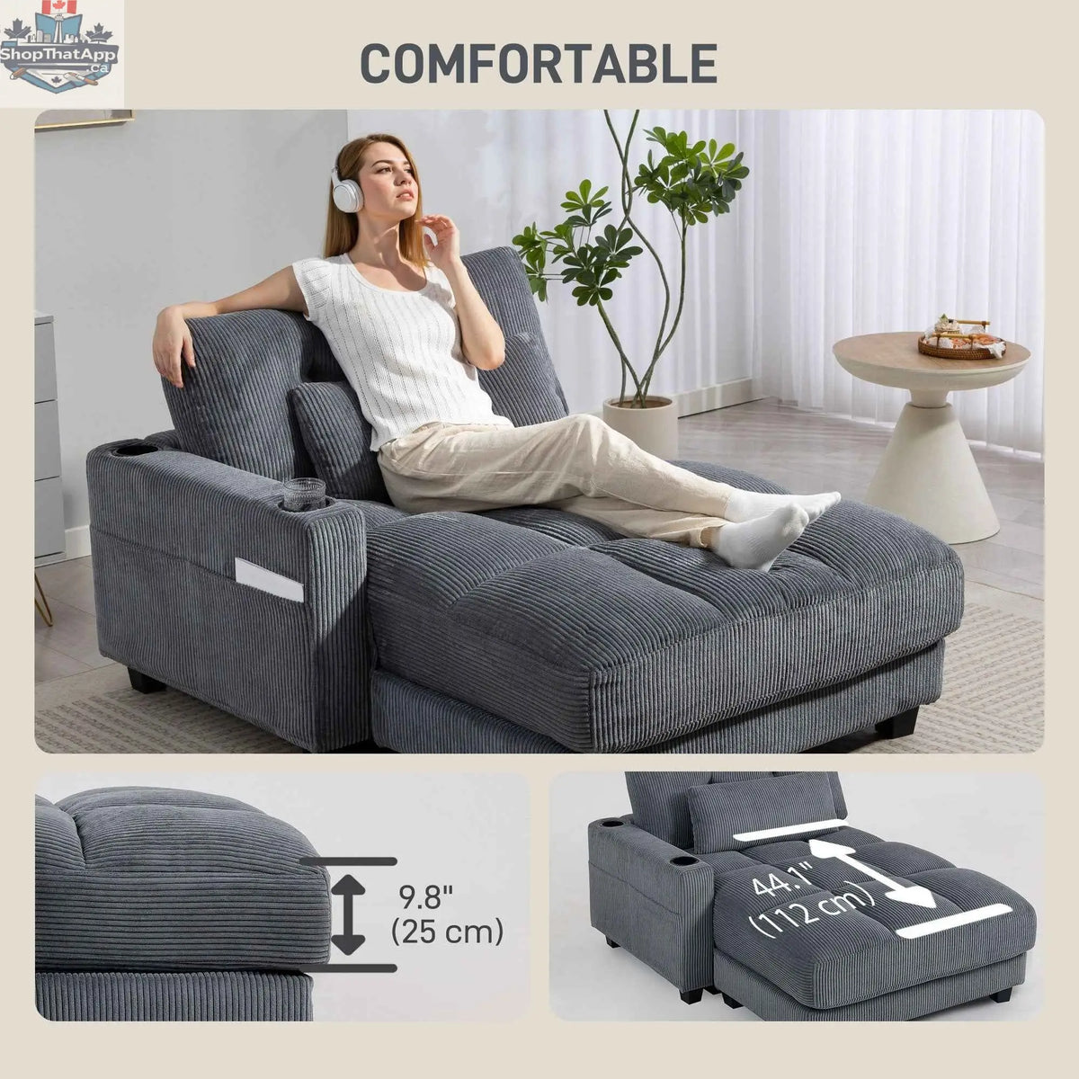 Dark grey Andi Corduroy Chaise Lounger by SLOTH Nation with two cup holders, featuring plush corduroy upholstery and a modern design.