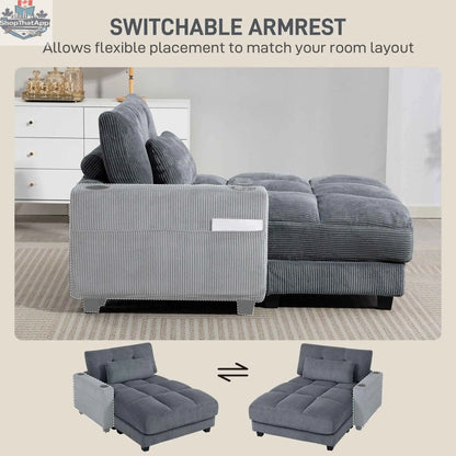 Dark grey Andi Corduroy Chaise Lounger by SLOTH Nation with two cup holders, modern accent furniture for living room comfort.
