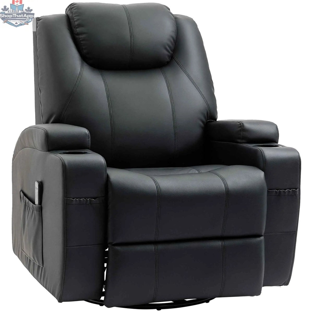 Black Brady Massage Recliner Chair by SLOTH Nation with swivel, rocker features, and 8 vibration points for relaxation.