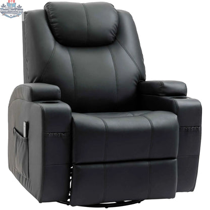 Black Brady Massage Recliner Chair by SLOTH Nation with swivel, rocker features, and 8 vibration points for relaxation.