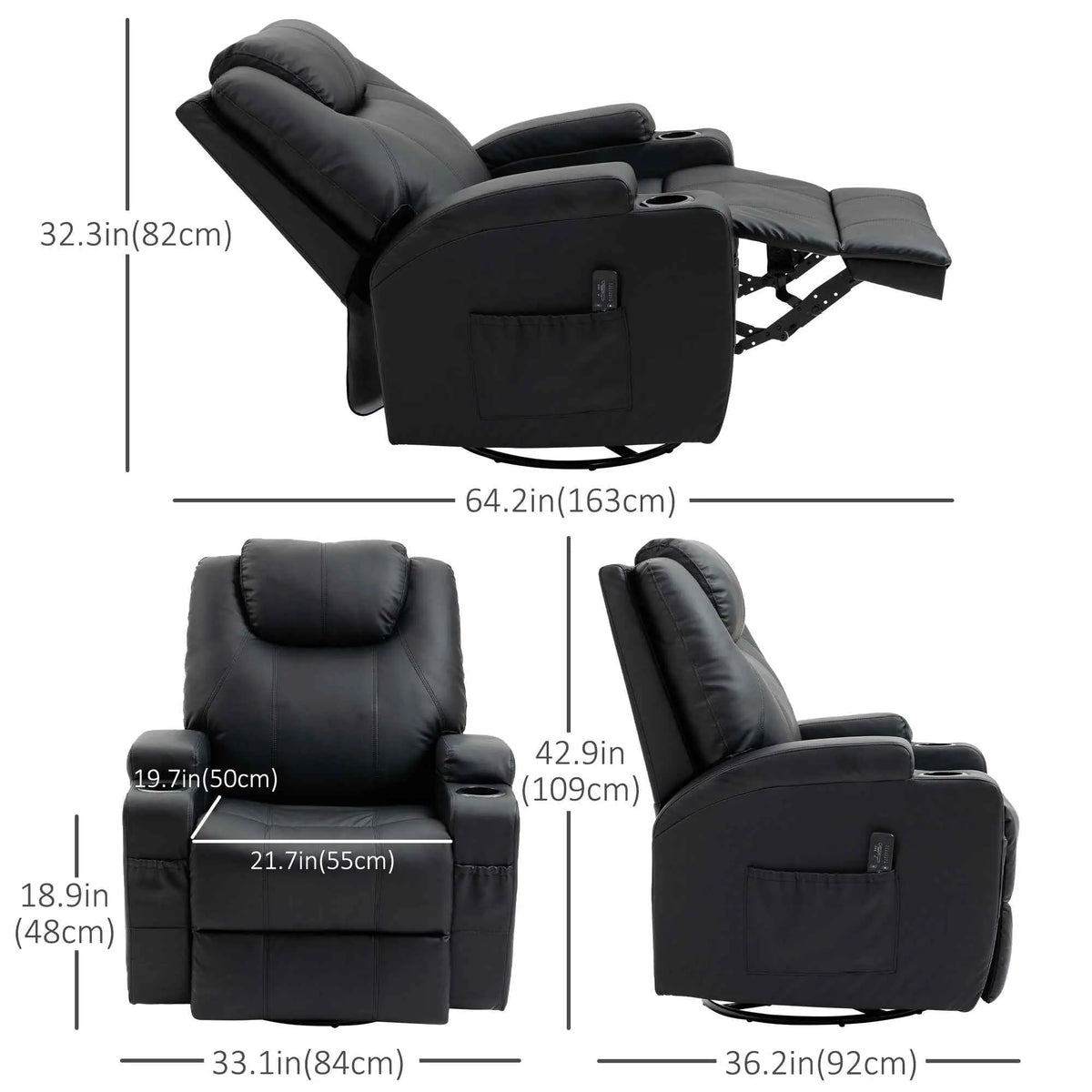 Black Brady Massage Recliner Chair by SLOTH Nation with swivel, rocker features, and 8 vibration points for home furnishings.