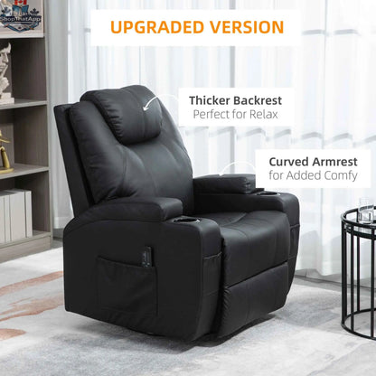 SLOTH Nation Brady massage recliner chair in black with swivel and rocker features, showing cushioned seating and control panel.