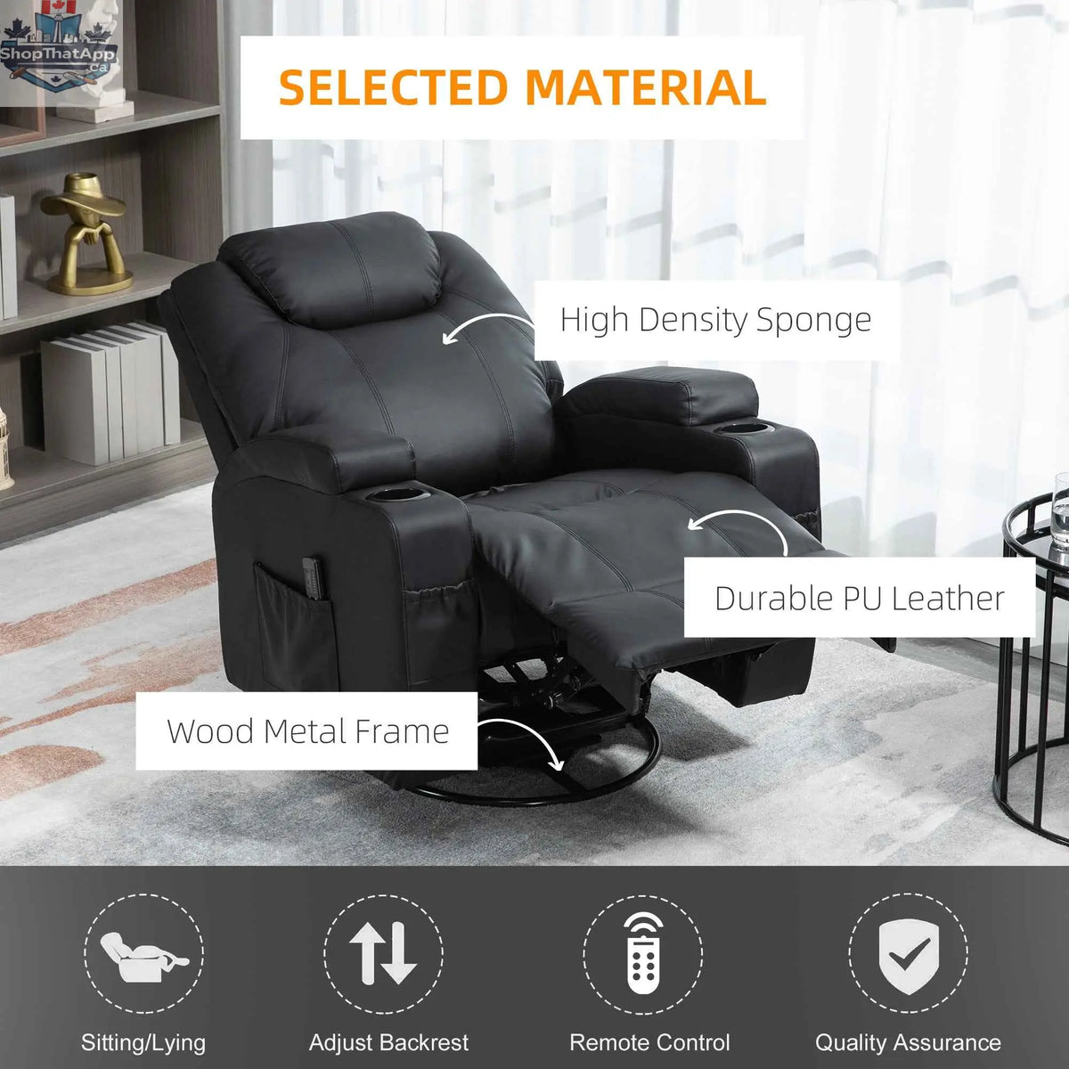 Black Brady Massage Recliner Chair by SLOTH Nation with swivel, rocker functions, and 8 vibration points for relaxation.