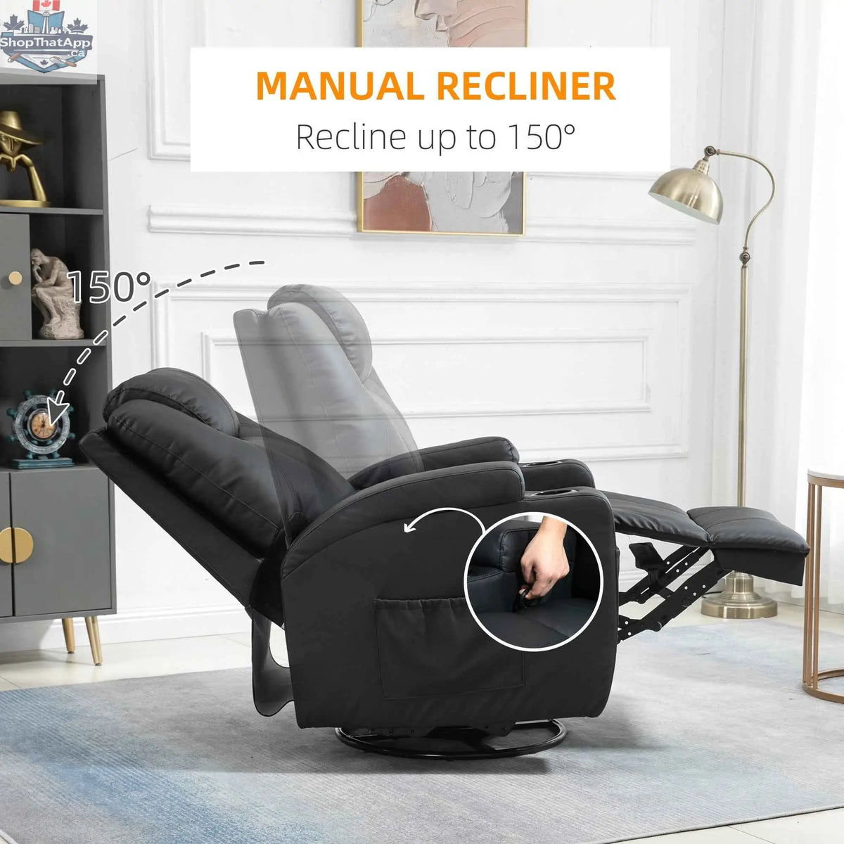Black Brady massage recliner chair by SLOTH Nation with swivel, rocker features, and 8 vibration points for relaxation.