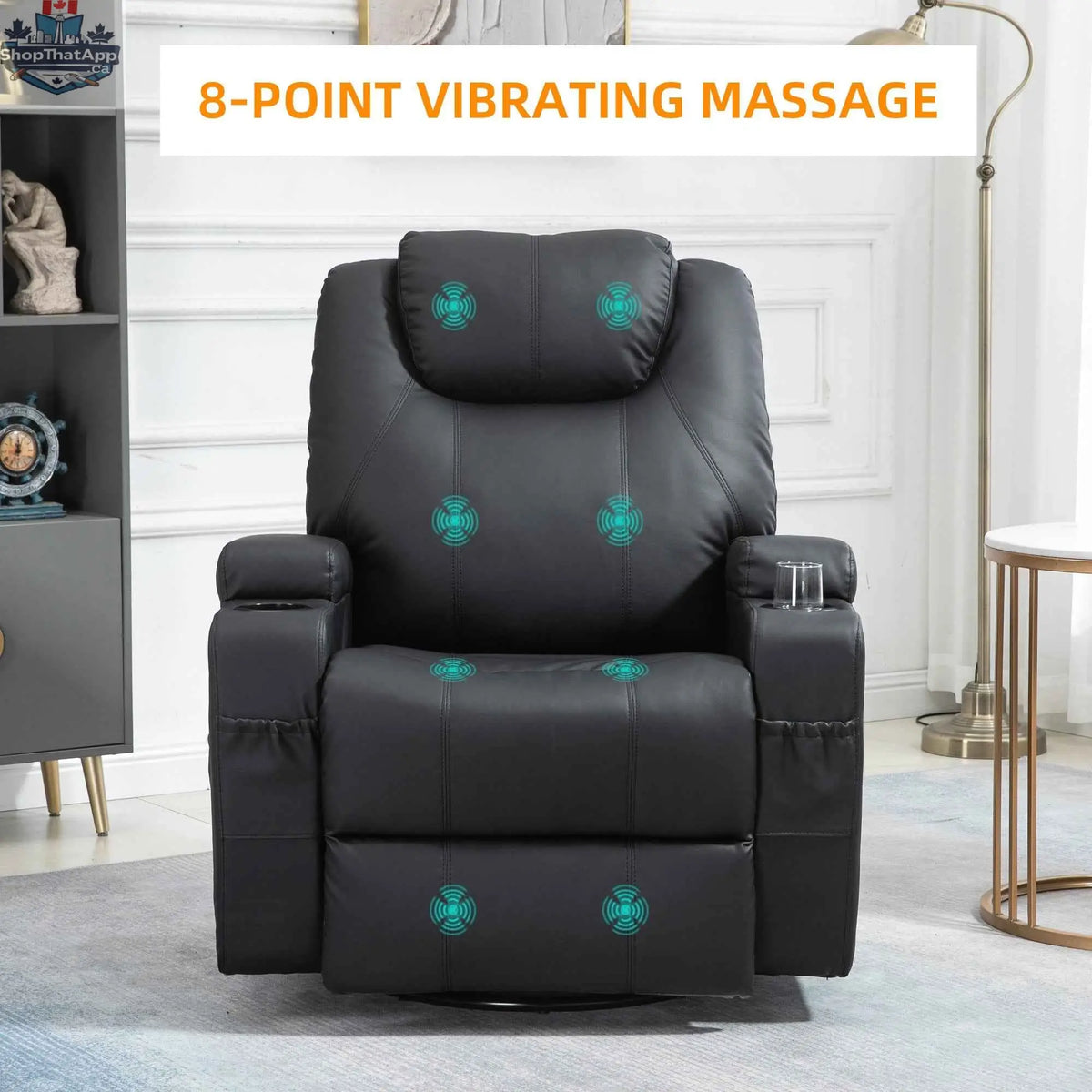 SLOTH Nation Brady massage recliner chair in black with swivel and rocker features, showing plush upholstery and built-in vibration points.