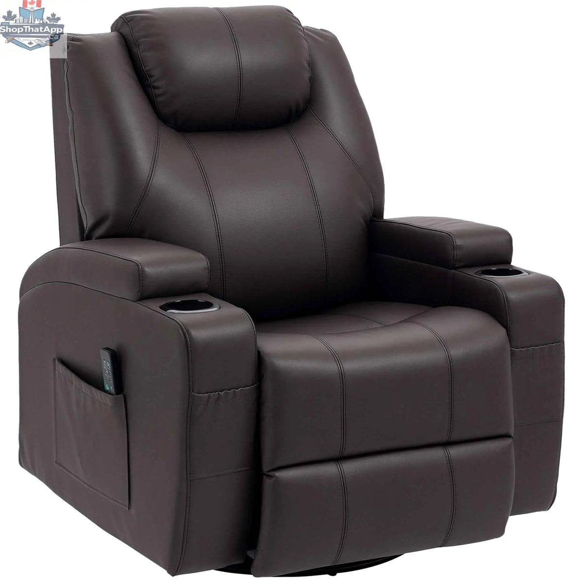SLOTH Nation Brady brown massage recliner chair with swivel and rocker features, showing plush upholstery and built-in vibration points.
