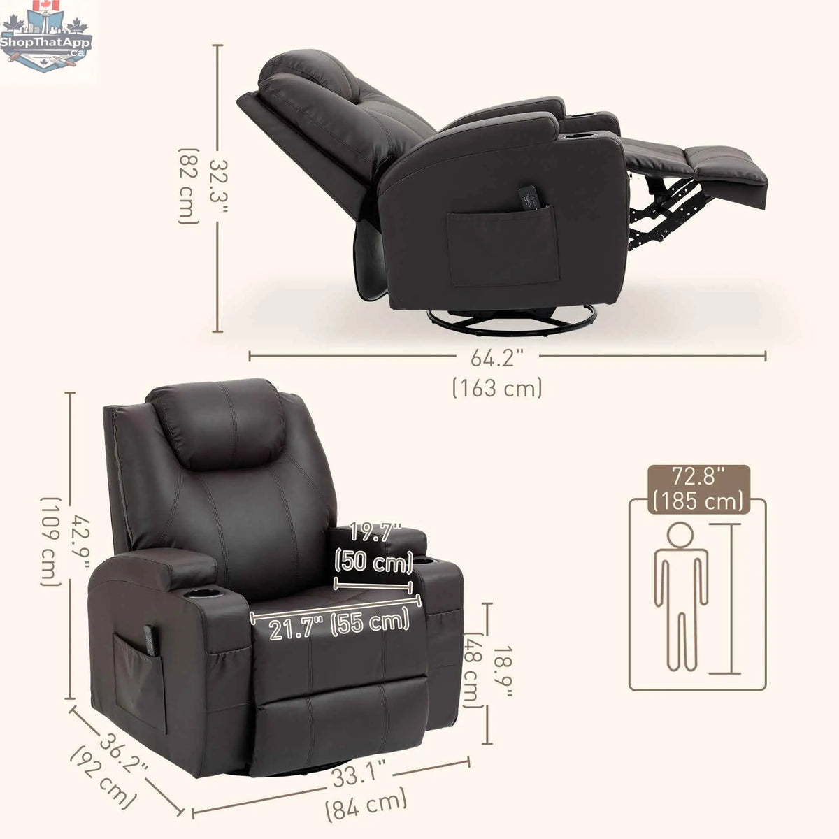Brown Brady massage recliner chair by SLOTH Nation with swivel, rocker features, and 8 vibration points in a home furniture setting.