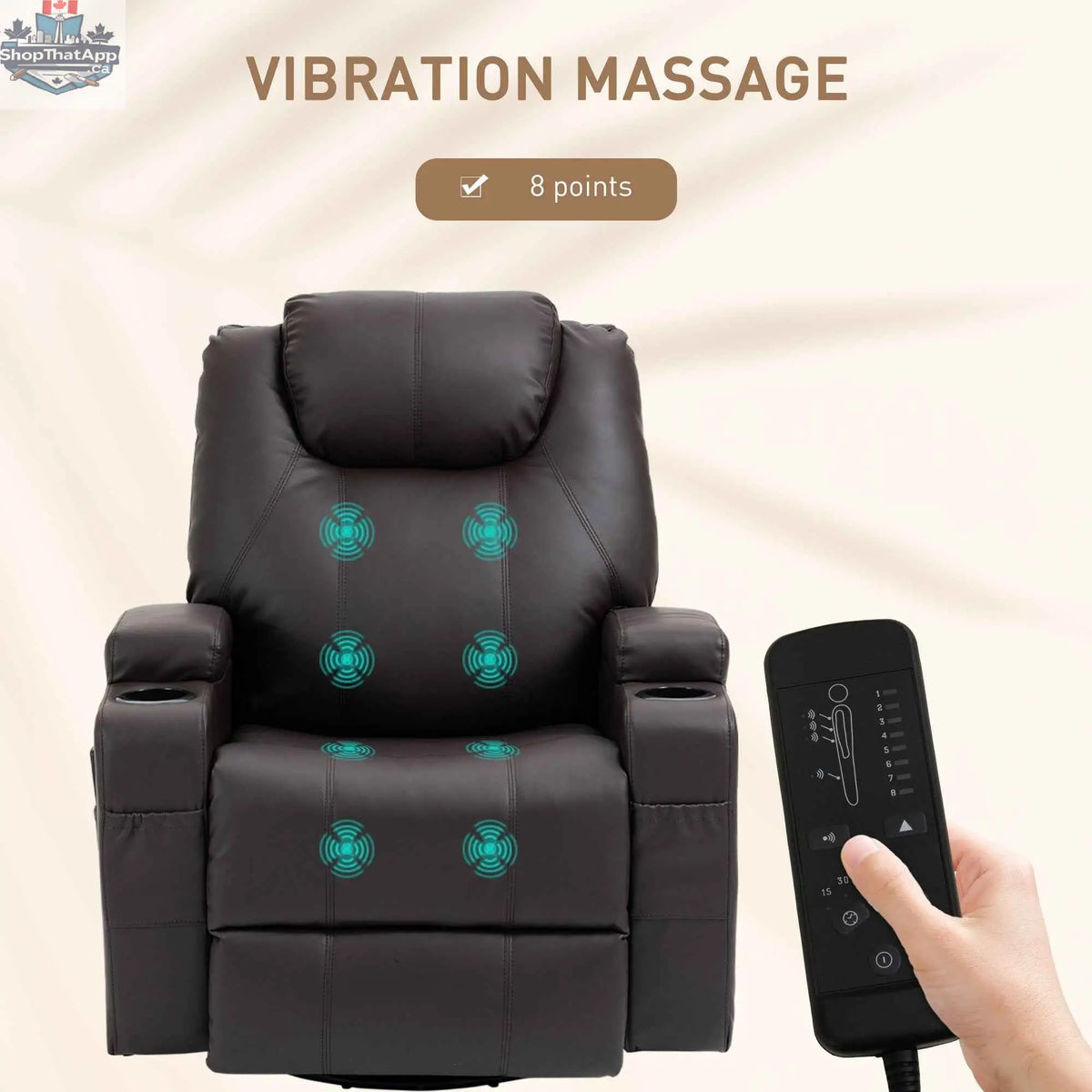 SLOTH Nation Brady massage recliner chair in brown with swivel, rocker features, and 8 vibration points for relaxing comfort.