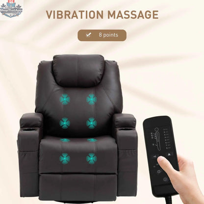 SLOTH Nation Brady massage recliner chair in brown with swivel, rocker features, and 8 vibration points for relaxing comfort.
